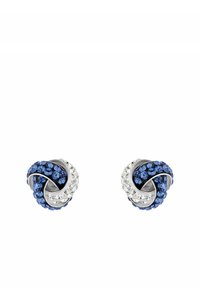 Aretes de plata esterlina con un diseño en espiral, que presentan cristales azules y claros. Forma compacta con acabado brillante y textura suave.