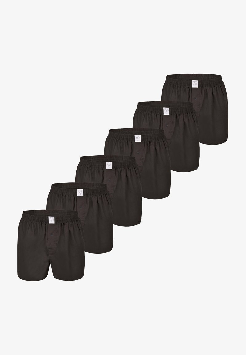 Sei boxer neri da uomo disposti diagonalmente, ciascuno con vita elastica e patta frontale con bottoni.