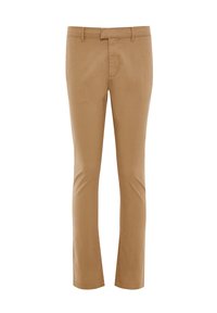 Beige chino-housut suoran leikkauksen omaavina, valmistettu puuvillasekoitekankaasta. Varustettu vetoketjupainatuksella ja vyölenkillä. Sileä pinta. Ei kuvioita.