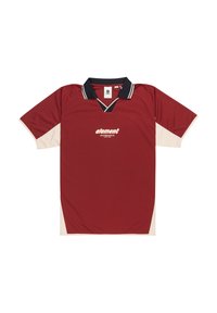 Rød kortærmet polo-shirt med marineblå krave, hvide detaljer og et frontlogo med teksten "element." Glat stof med V-hals-design.