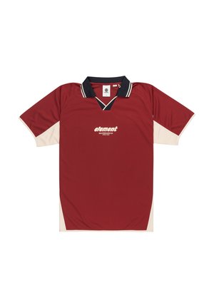 Rdeča kratka polo majica s posadkovim ovratnikom, belimi detajli in sprednjim logotipom z napisom "element". Gladek material z obliko v-izreza.