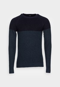Navy-blaues Sweatshirt mit strukturiertem Strickdesign, farblich abgesetztem Muster, eingesetzten Ärmeln sowie gerippten Bündchen und Kragen.