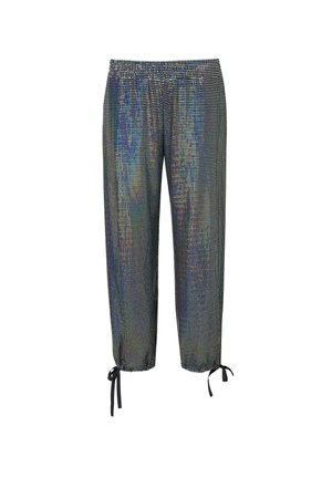 Glanzende, zwarte broek met een gepresenteerd patroon van kleine, reflecterende stippen. Voorzien van een elastische tailleband en verstelbare strikjes bij de enkels.