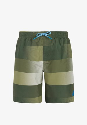Heren zwemshorts met horizontale olijfgroene, beige en donkergroene strepen, een elastische tailleband en een blauw patroonkoord.