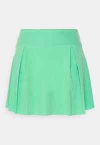 A pleated skater skirt in bright mint green, featuring a fitted waistband and soft, smooth fabric for comfort and mobility.