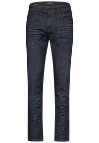 Mörkblå denimjeans med slim fit, fem fickor och knäppning. Har subtila blekningsdetaljer och kontrasterande sömnadsdetaljer.