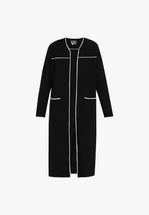 Black long cardigan made of soft fabric, featuring white piping along the front edges and two front pockets. Open style with long sleeves.