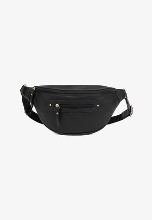 Sac banane en cuir noir avec deux compartiments zippés et une sangle ajustable avec garnitures dorées.