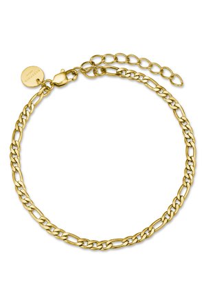 Pulsera de cadena de metal dorado con eslabones ovalados, que presenta una pequeña etiqueta redonda y una cadena extensora para un ajuste de tamaño.