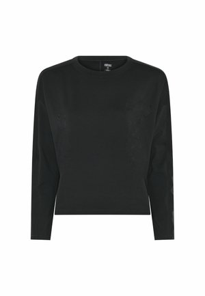 Crna bluza dugih rukava izrađena od glatkog, rastezljivog materijala. Ima okrugli izrez i ležeran kroj s minimalnim detaljima.