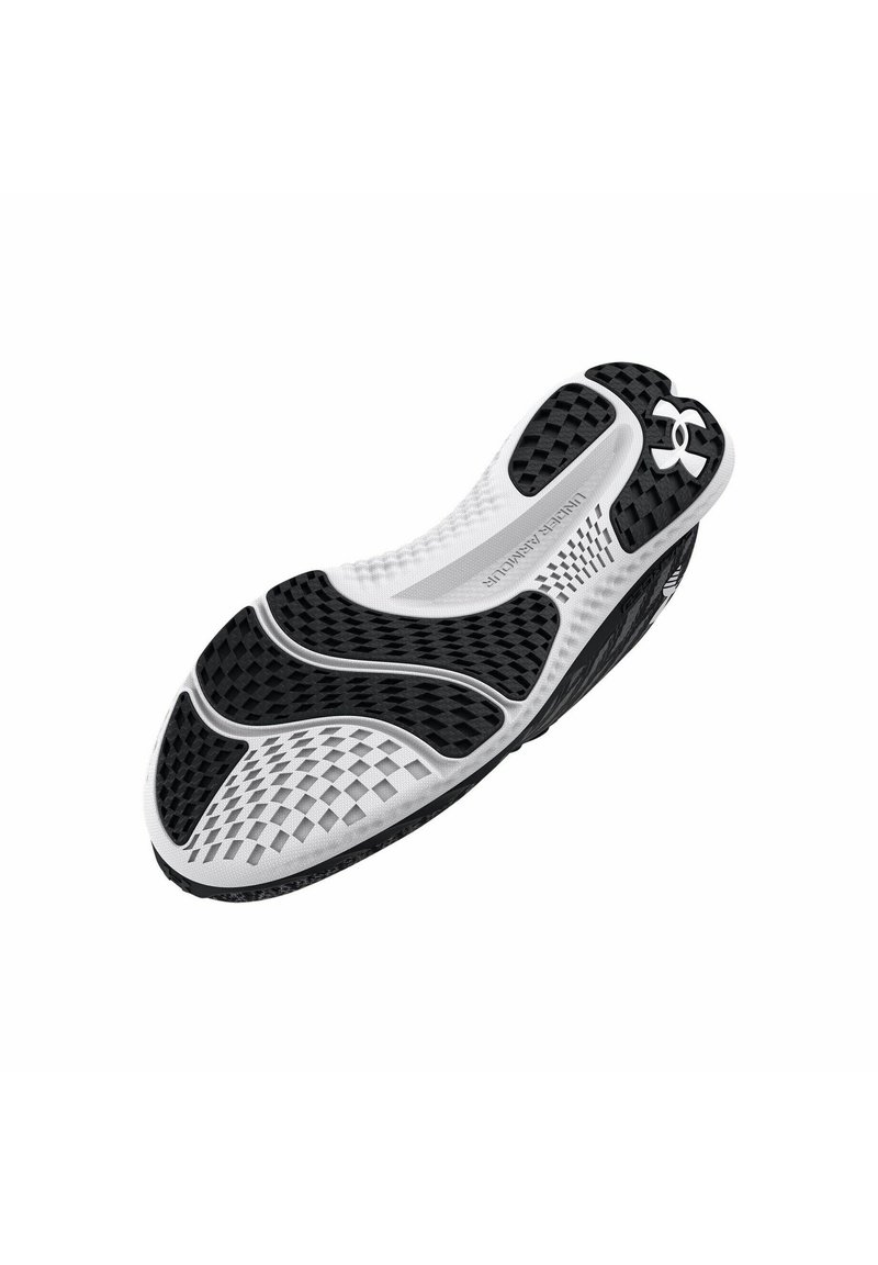 Schwarze und weiße Sportschuhe mit einem strukturierten Obermaterial, flexibler Konstruktion und gemusterter Sohle. Verfügt über ein Logo an der Ferse und atmungsaktive Mesh-Elemente.