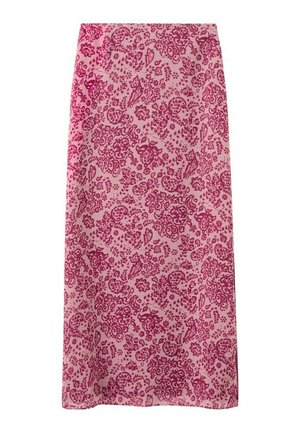 Falda midi rosa con estampado floral y de cachemira en tonos rosa oscuro, corte recto y abertura lateral en el lado derecho.