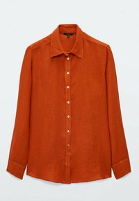 Chemise à manches longues couleur rouille en lin, avec un devant à boutons, un col classique et un ourlet droit. Texture douce, sans motifs.