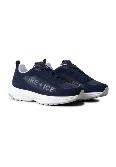 Pair of navy blue and white athletic sneakers with "FIRE + ICE" branding on sides and textured rubber soles.
