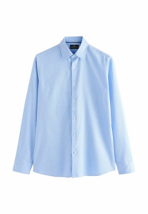 Light blue long-sleeve shirt with a button-down collar, made from textured fabric, featuring a front button placket and tailored fit.