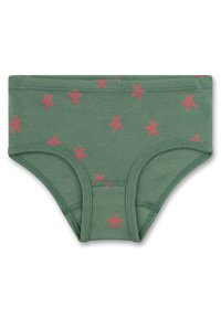 Grüne Baumwollmischung Unterwäsche mit glatter Textur, versehen mit rosa Sternmustern. Mit einem mittelhohen Schnitt und einem elastischen Bund gestaltet.
