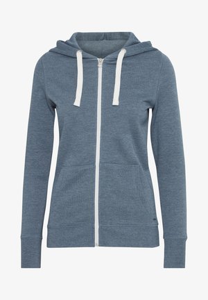 Blue zip-up hoodie made of soft fabric, featuring a white zipper, drawstrings, and front pockets. Ribbed cuffs at sleeve ends.