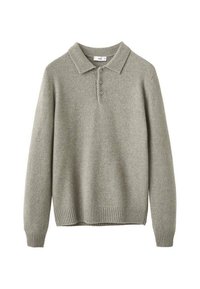Pullover lavorato a maglia grigio chiaro con colletto, dotato di tre bottoni e polsini e orlo a coste. Texture morbida e vestibilità comoda.