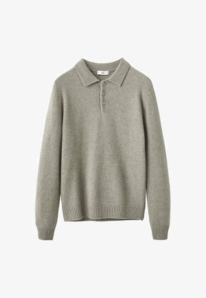 Light grey knitted pullover with a collar, featuring three buttons and ribbed cuffs and hem. Soft texture and relaxed fit.