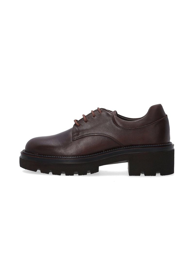 Brown leather lace-up shoe with a rounded toe, textured upper, and prominent black rubber sole featuring a rugged tread pattern.