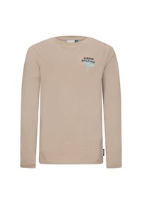 T-shirt beige a maniche lunghe realizzato in morbido cotone. Presenta un collo rotondo e testo stampato in nero e blu chiaro sul petto.