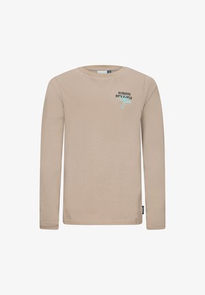 Beige Langarm-T-Shirt aus weicher Baumwolle. Verfügt über einen runden Ausschnitt und bedruckten Text in Schwarz und Hellblau auf der Brust.