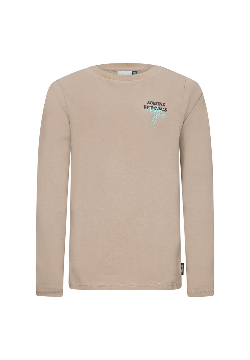 T-shirt beige a maniche lunghe realizzato in morbido cotone. Presenta un collo rotondo e testo stampato in nero e blu chiaro sul petto.
