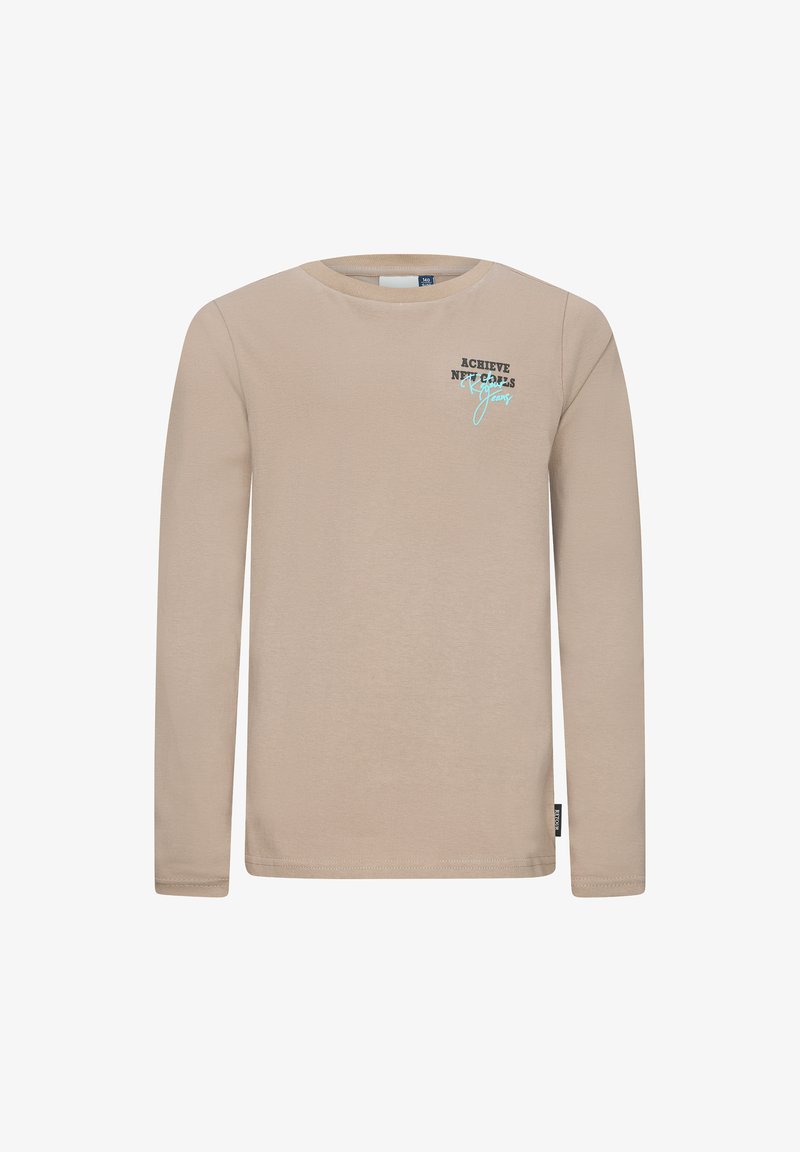 T-shirt beige a maniche lunghe realizzato in morbido cotone. Presenta un collo rotondo e testo stampato in nero e blu chiaro sul petto.