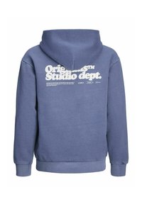 Felpa con cappuccio in morbido cotone blu chiaro con vestibilità rilassata. Presenta testo bianco sulla parte posteriore: "Dipartimento di Studio Originals" e polsini a coste.