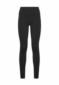 Schwarze Leggings aus dehnbarem Stoff, mit hohem Bund und glatter Textur. Keine sichtbaren Muster oder Hardware-Details.