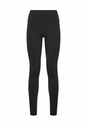 Black leggings made of stretchy fabric, featuring a high waistband and a smooth texture. No visible patterns or hardware details.