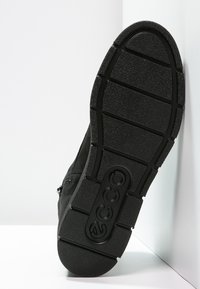 Suola di una scarpa ECCO nera con motivo antiscivolo e logo ECCO impresso vicino al tallone, inclinata contro uno sfondo bianco.