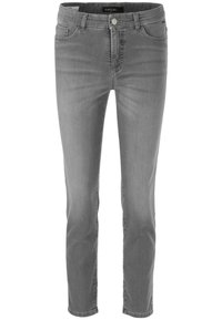 Grijze denim jeans hebben een klassieke vijf-pocket stijl, een ritsvlieger en een licht taps toelopende pijp, met een zachte, subtiele textuur.
