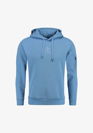 Blaue Kapuzenjacke aus weichem Stoff, mit einer großen Fronttasche, verstellbarem Kordelzug an der Kapuze und einer Reißverschlusstasche am linken Ärmel.