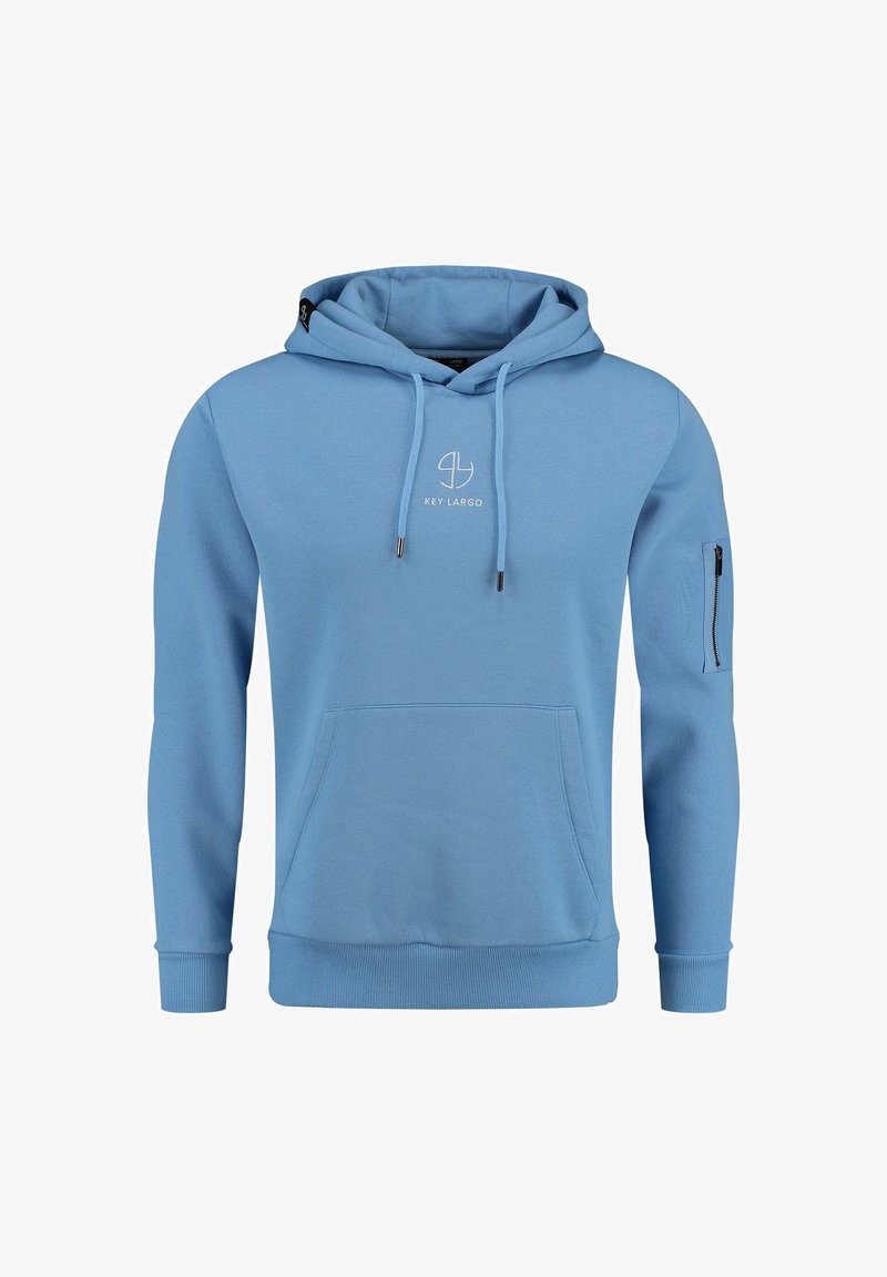 Felpa blu realizzata in morbido tessuto, con una grande tasca frontale, cappuccio regolabile con cordoncino e tasca con zip sulla manica sinistra.
