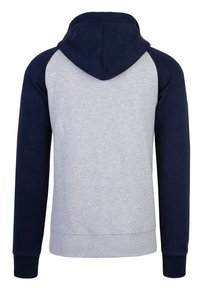 Hoodie met een grijze body en marineblauwe raglanmouwen. Beschikt over een comfortabele capuchon en ribgebreide manchetten en zoom voor een goede pasvorm en comfort.