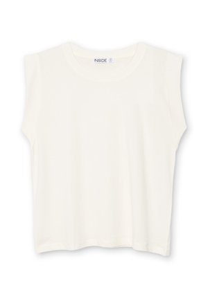 Camiseta blanca sin mangas hecha de tela suave, con un escote redondo y un dobladillo ligeramente redondeado. Diseño sencillo sin patrones ni acentos.