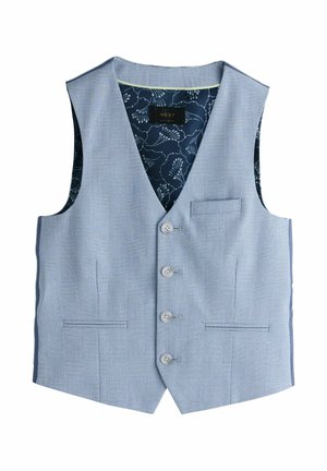 Svetlomodrá károvaná pánska vesta so štyrmi gombíkmi a tmavomodrou podšívkou s kvetinovým vzorom, viditeľné predné a náprsné vrecká.