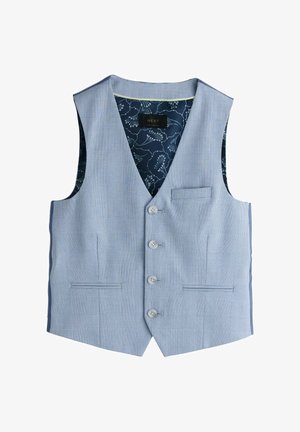 Gilet pour homme à carreaux bleu clair avec quatre boutons et doublure marine à motif floral, poches avant et poches poitrine visibles.