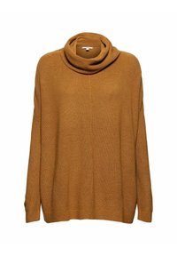 Pull surdimensionné couleur moutarde avec un col bénitier, en tissu côtelé texturé, avec des épaules tombantes. Présente une coupe décontractée et des coutures latérales.