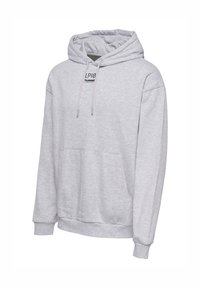 Sweat à capuche gris clair avec poche kangourou à l'avant, cordons de serrage et petit logo noir "LP18 hummel sportswear" sur la poitrine.