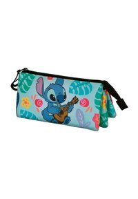 Blauwe textiele etui met zwarte ritssluiting, versierd met een cartoonfiguur die ukulele speelt en tropische bladeren in roze en groen.