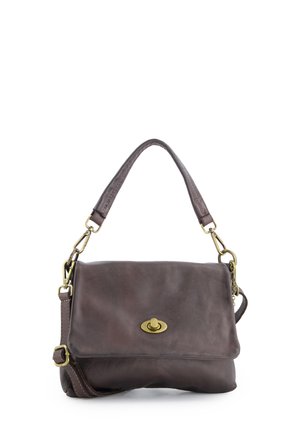 Brown leather handbag with a flap closure, brass hardware, and adjustable shoulder strap. Soft texture with minimal stitching details.