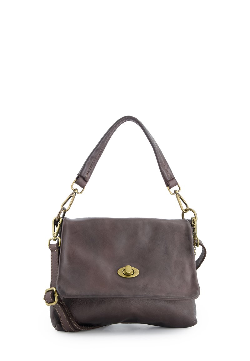 Brown leather handbag with a flap closure, brass hardware, and adjustable shoulder strap. Soft texture with minimal stitching details.