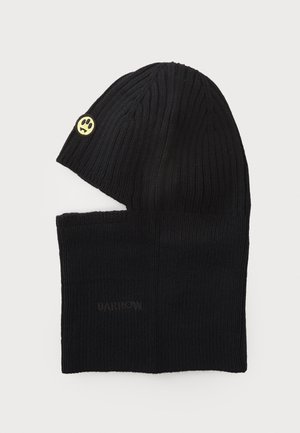 Bonnet en tricot noir avec une texture côtelée, arborant un logo de visage souriant jaune sur le côté et le nom de la marque "BARROW" en relief.