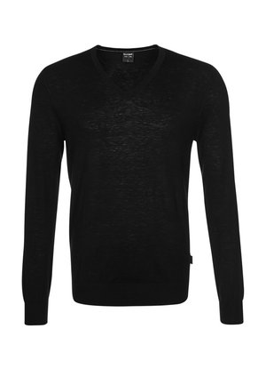 Black V-neck long-sleeve lightweight sweater with ribbed cuffs and hem, plain design, and a small brand label at the neckline.