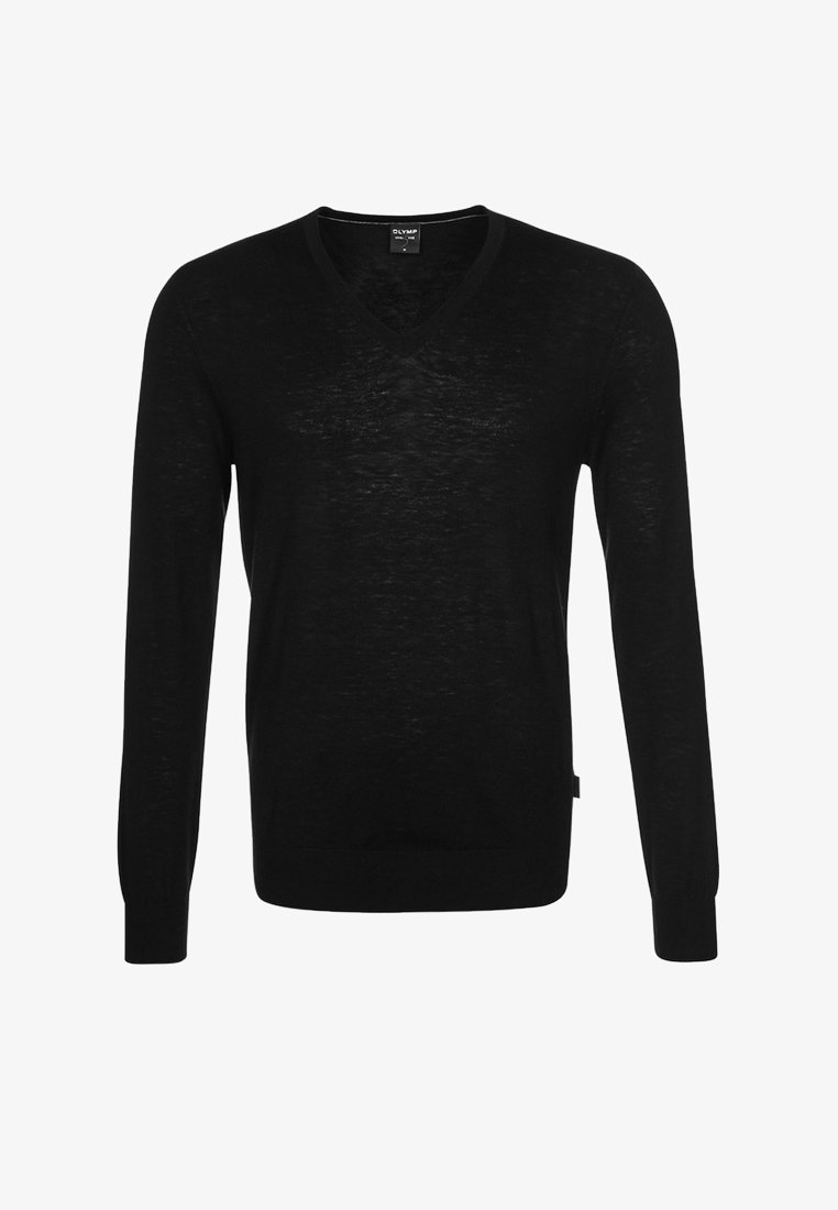 Schwarzer V-Ausschnitt Langarm-Leichtpullover mit gerippten Bündchen und Saum, schlichtes Design und einem kleinen Markenetikett am Ausschnitt.