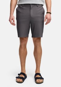Grå stribede shorts med en glat overflade, udstyret med en knaplukning og bæltestropper. Båret med sorte ruskindsandaler.