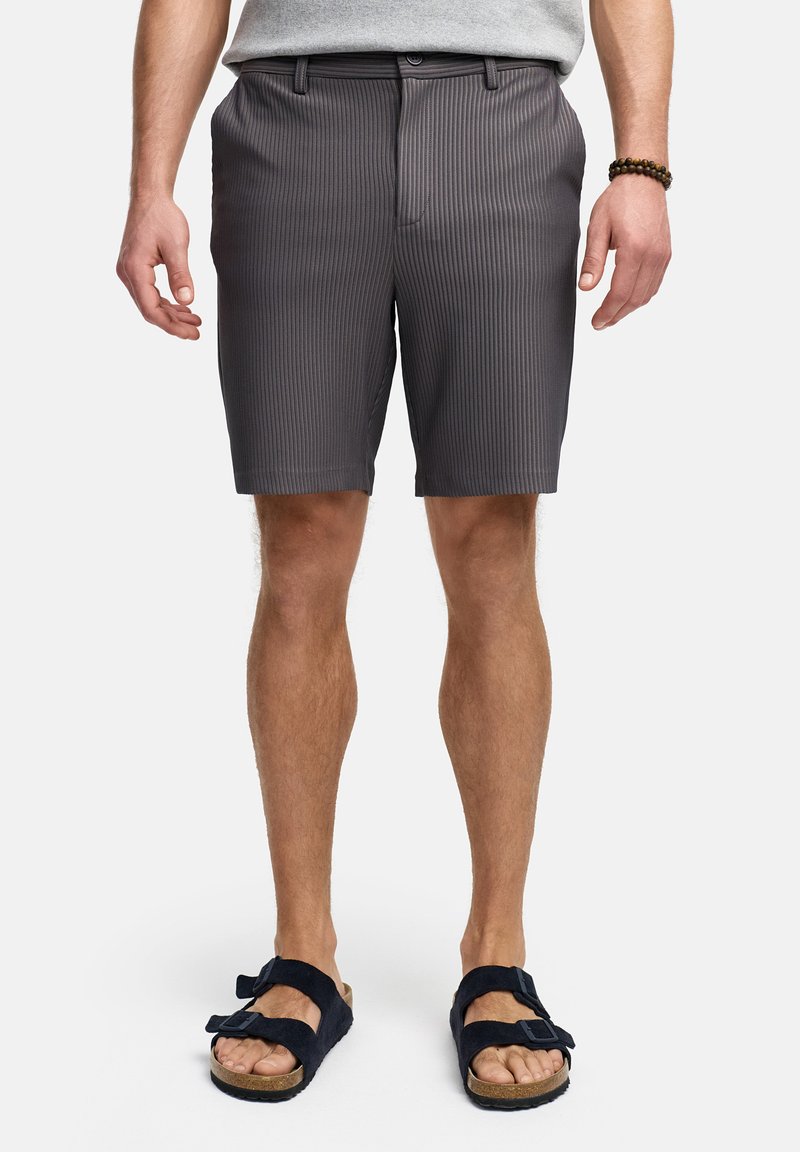 Grå stribede shorts med en glat overflade, udstyret med en knaplukning og bæltestropper. Båret med sorte ruskindsandaler.