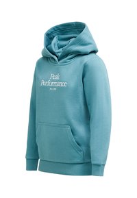 Lyseblå hættebluse lavet af blødt materiale har en forlommer, ribbede manchetter og et broderet logo på brystet.